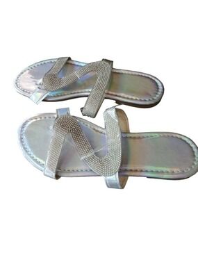 Silver Rhinestone Z Shaped Sandals Womens Size 38